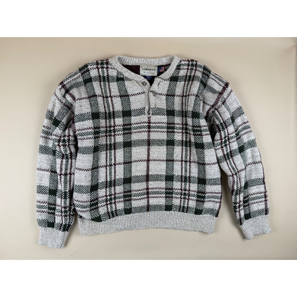 Liberty Large Sweater Vintage Grandpacore Cotton Plaid Henley Heavy Knit USA